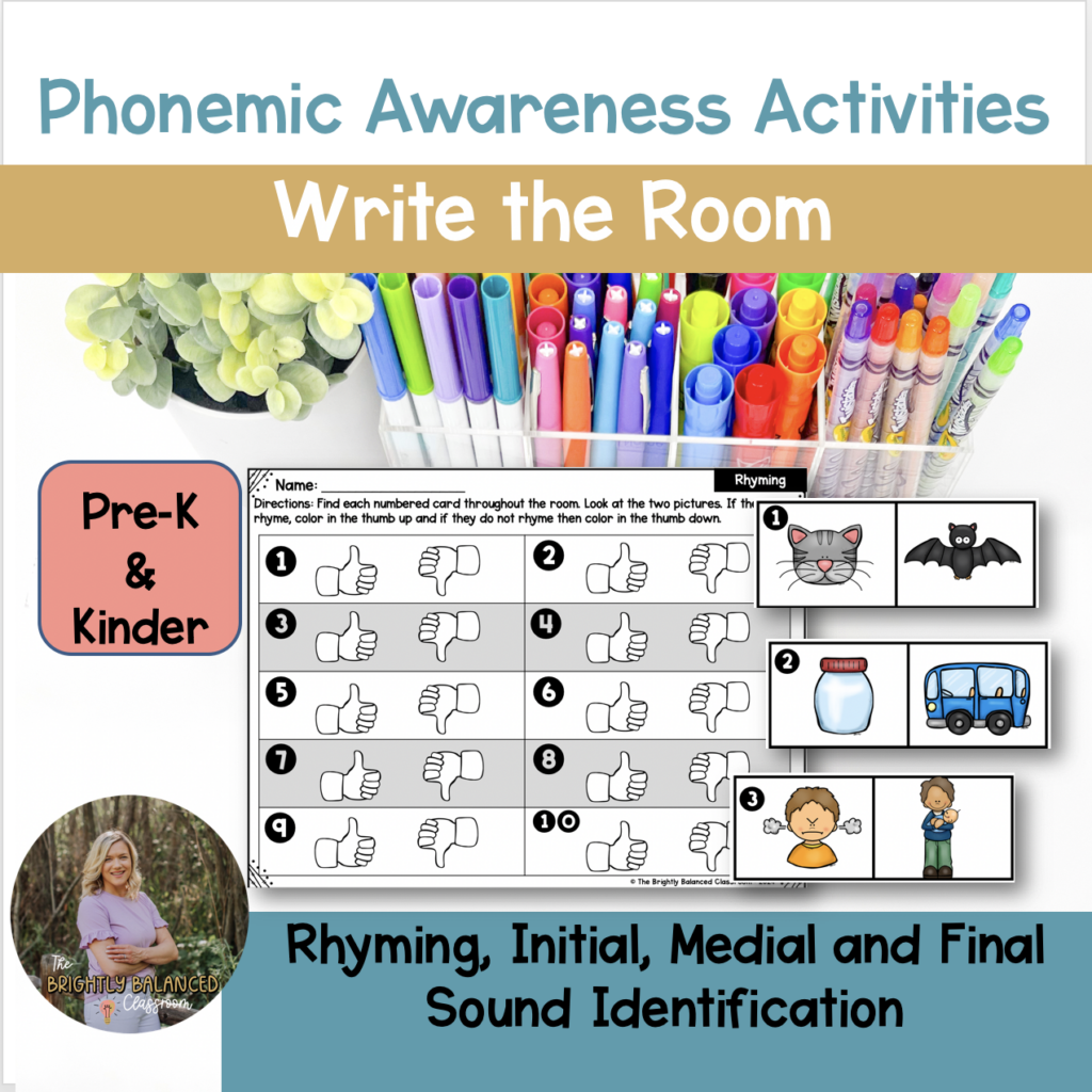 Write the room rhyming product preview with rhyming image cards and student recording sheet of thumbs up or down 