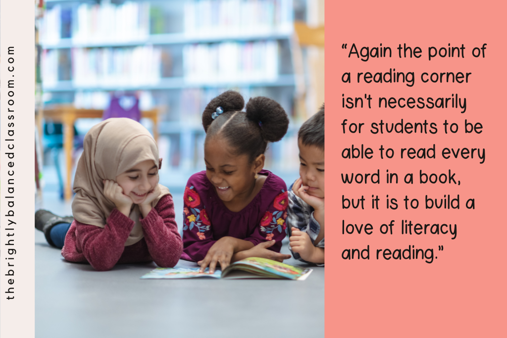 3 children laying on ground reading book in library